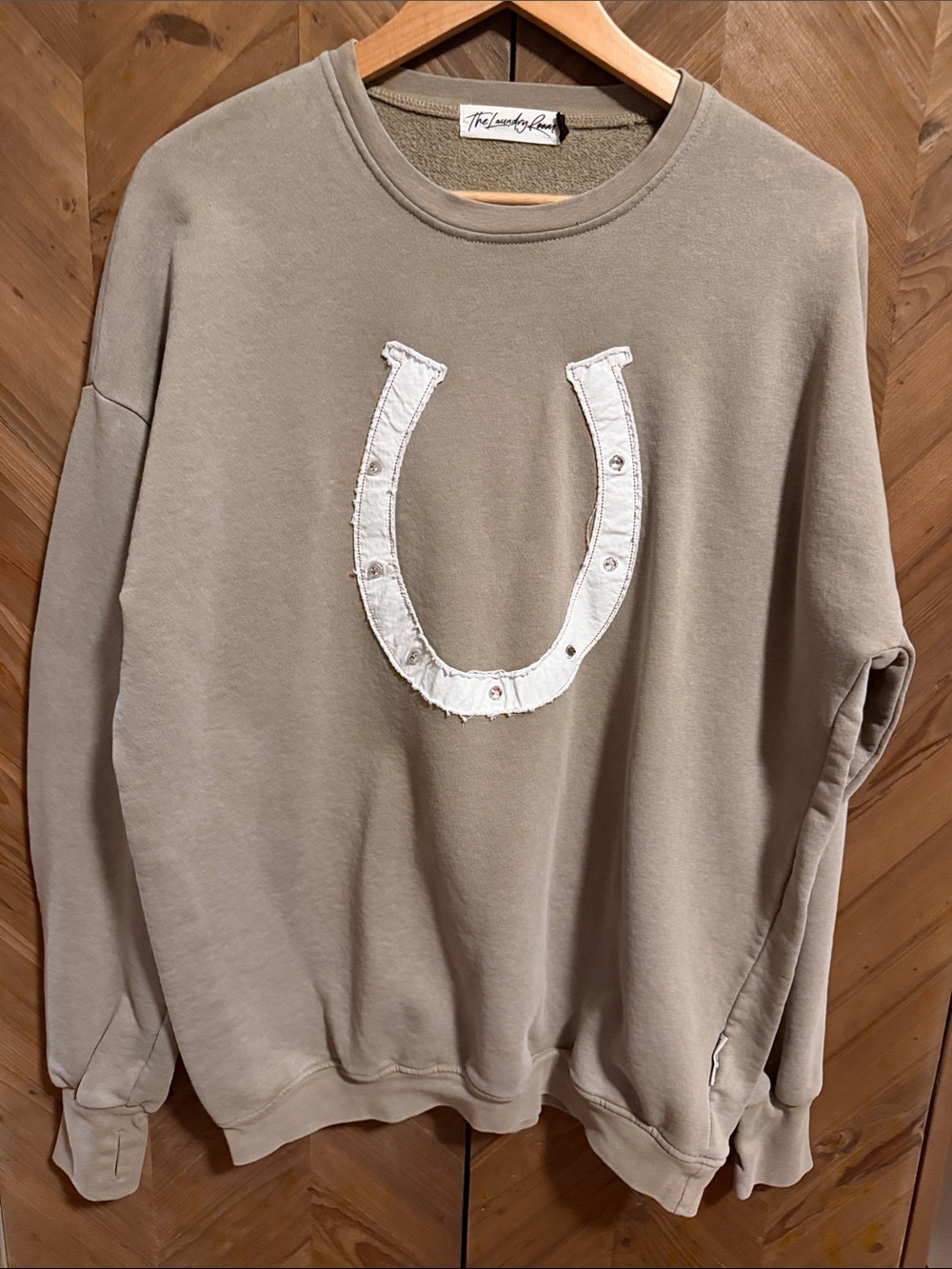 The Laundry Room Taupe Crewneck with White Horseshoe Applique